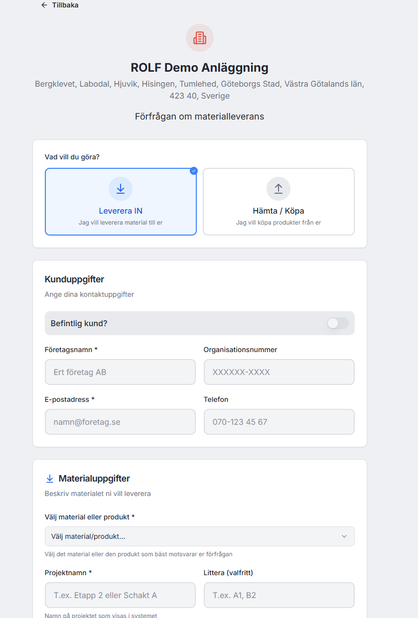 Exempel på Pinpointers förfrågningsportal för en mottagningsanläggning
