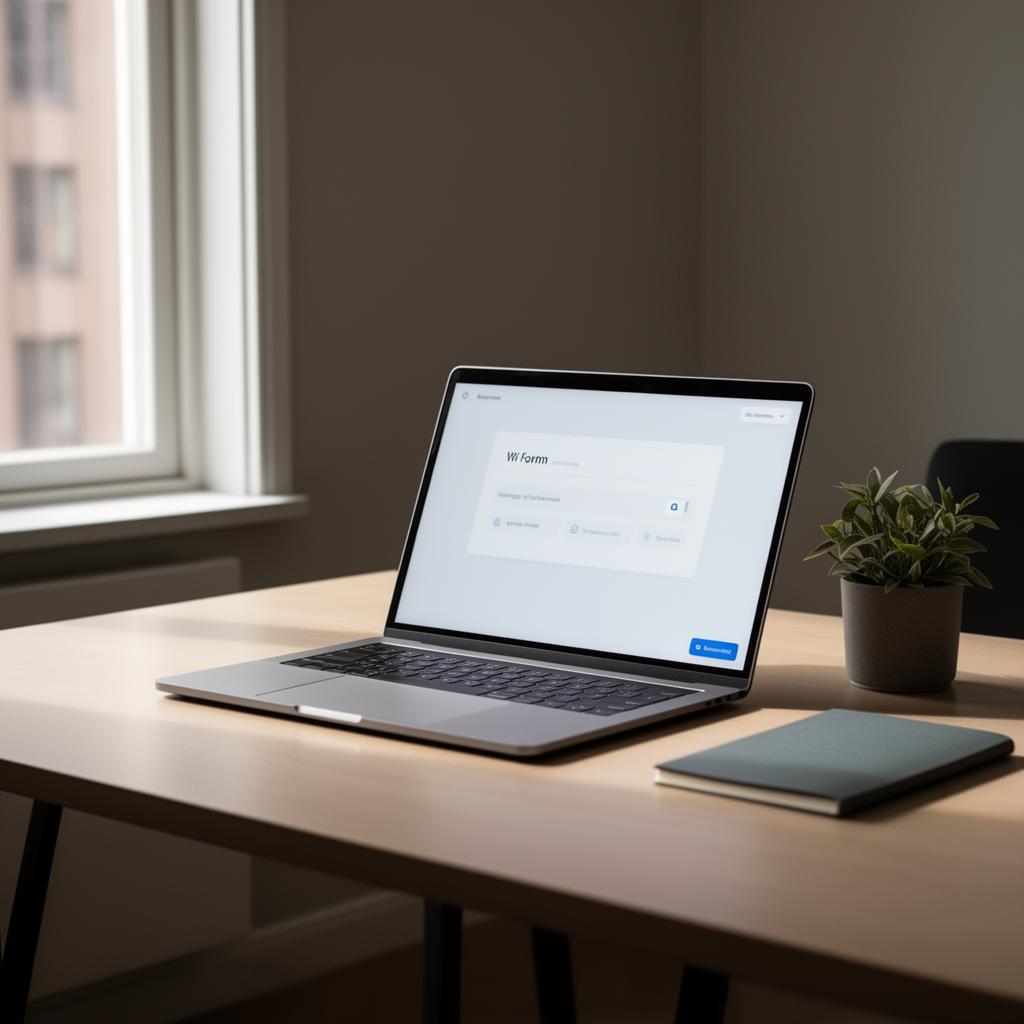 Modernt nordiskt kontor med laptop och formulärgränssnitt