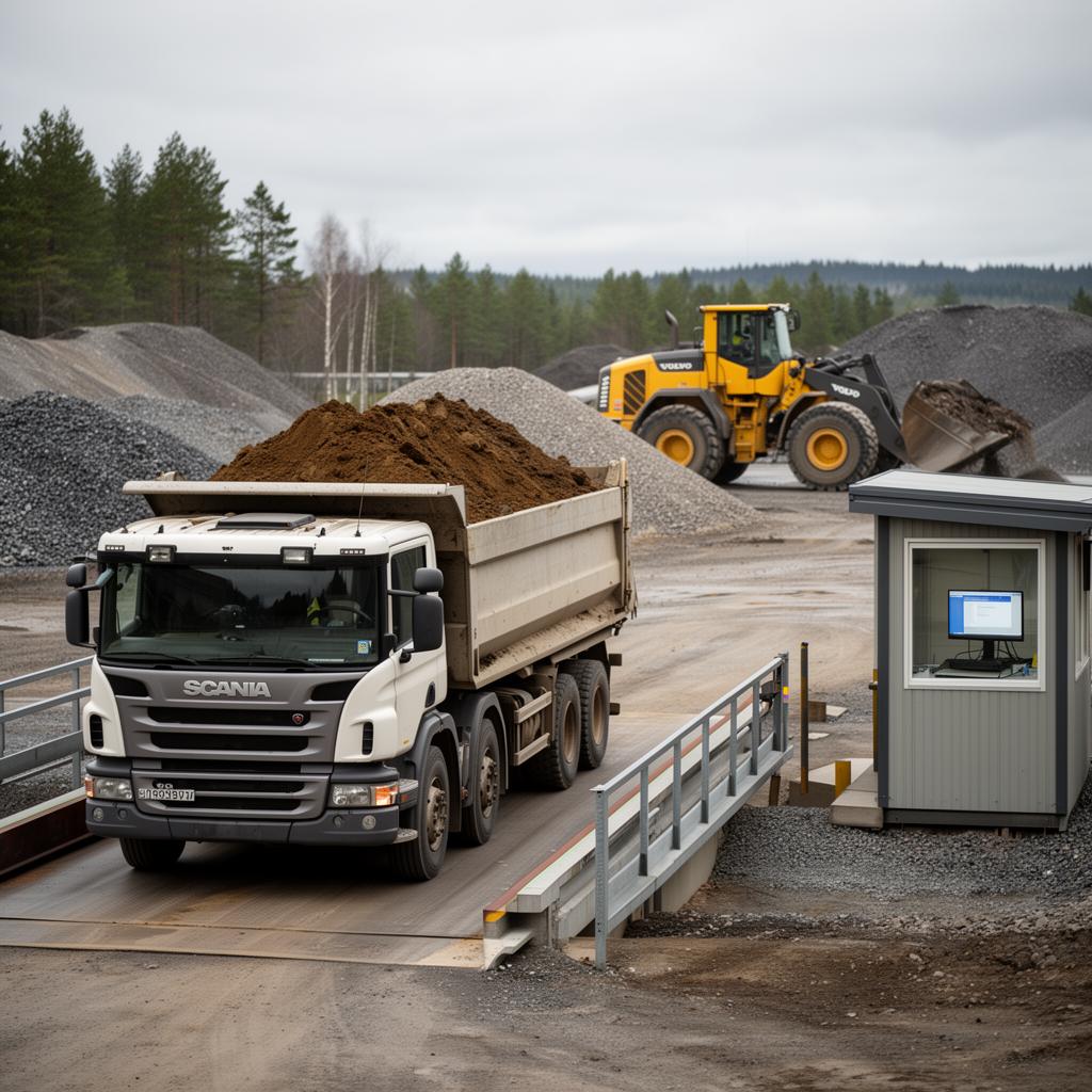 Mottagningsanläggning med Scania-lastbilar vid våg