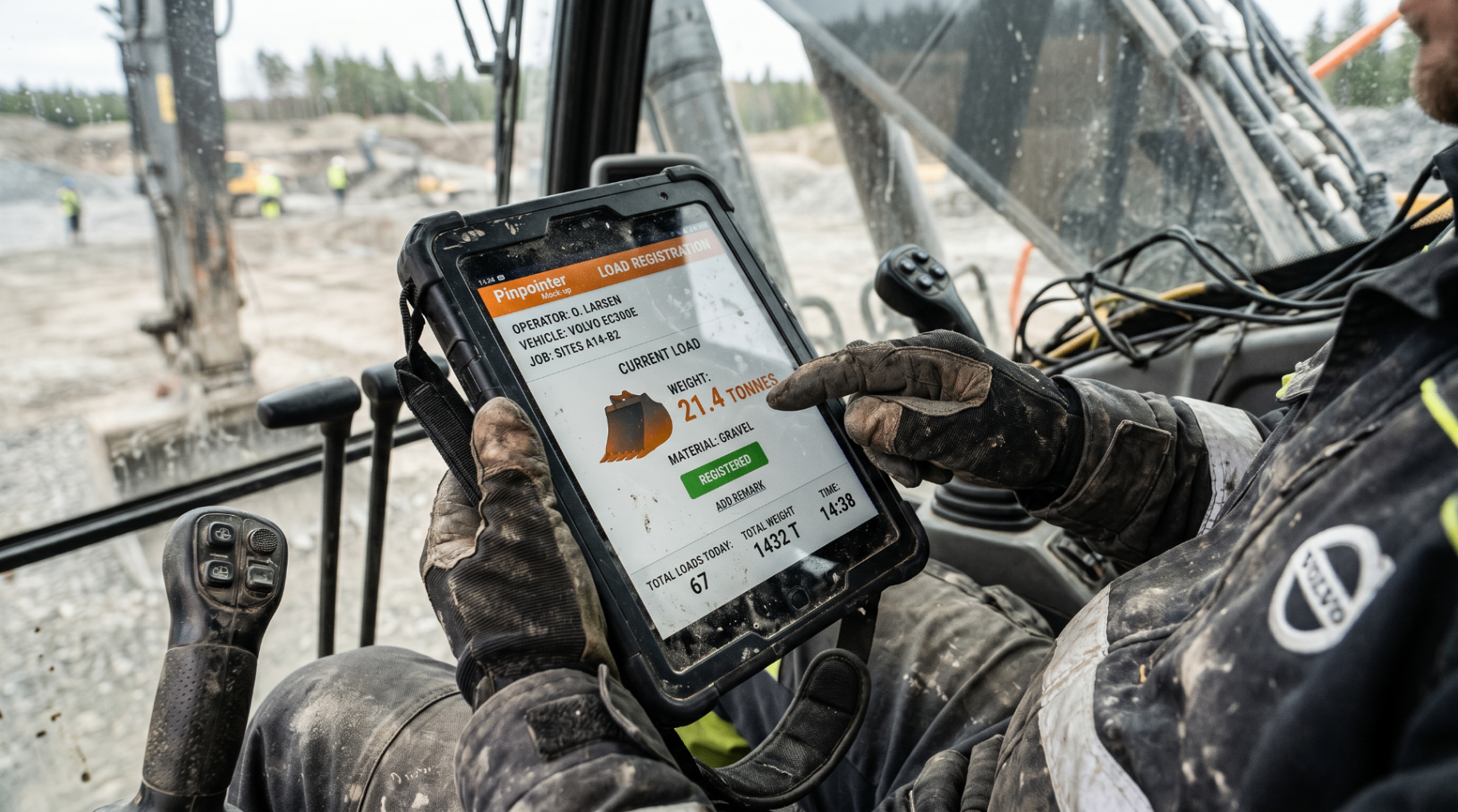 Maskinförare använder Pinpointer-app i grävmaskins-hytt